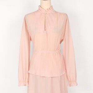 Vintage 80s Blush Pink Chiffon THE JONES GIRL Pleated Tiered Long Sleeve Dress
